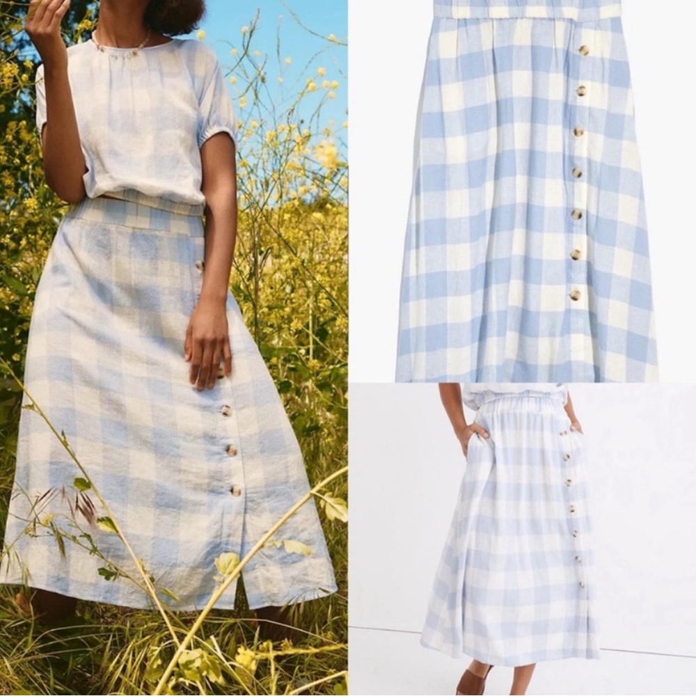Madewell - size large midi linen blend skirt (blue/white)